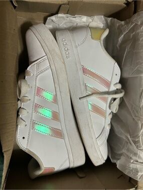 adidas White Sneakers with Iridescent Pink-Green Stripes